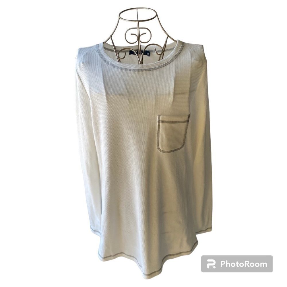Doe & Rae White Grey Stitching Back Zip Long Sleeve Top Pocket Size Small